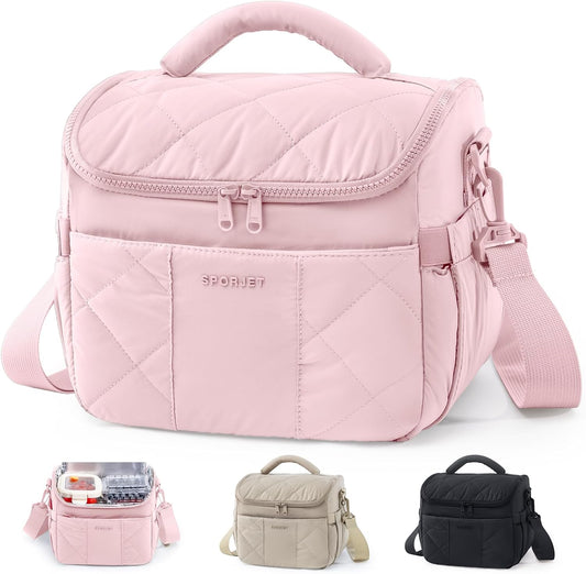 Insulated Lunch Bag for Women, Quilted Lunch Tote Bag with Shoulder Strap, Leakproof Soft Lunch Box, Reusable Lunch Cooler Bag for Work Office Picnic Travel, Large Capacity