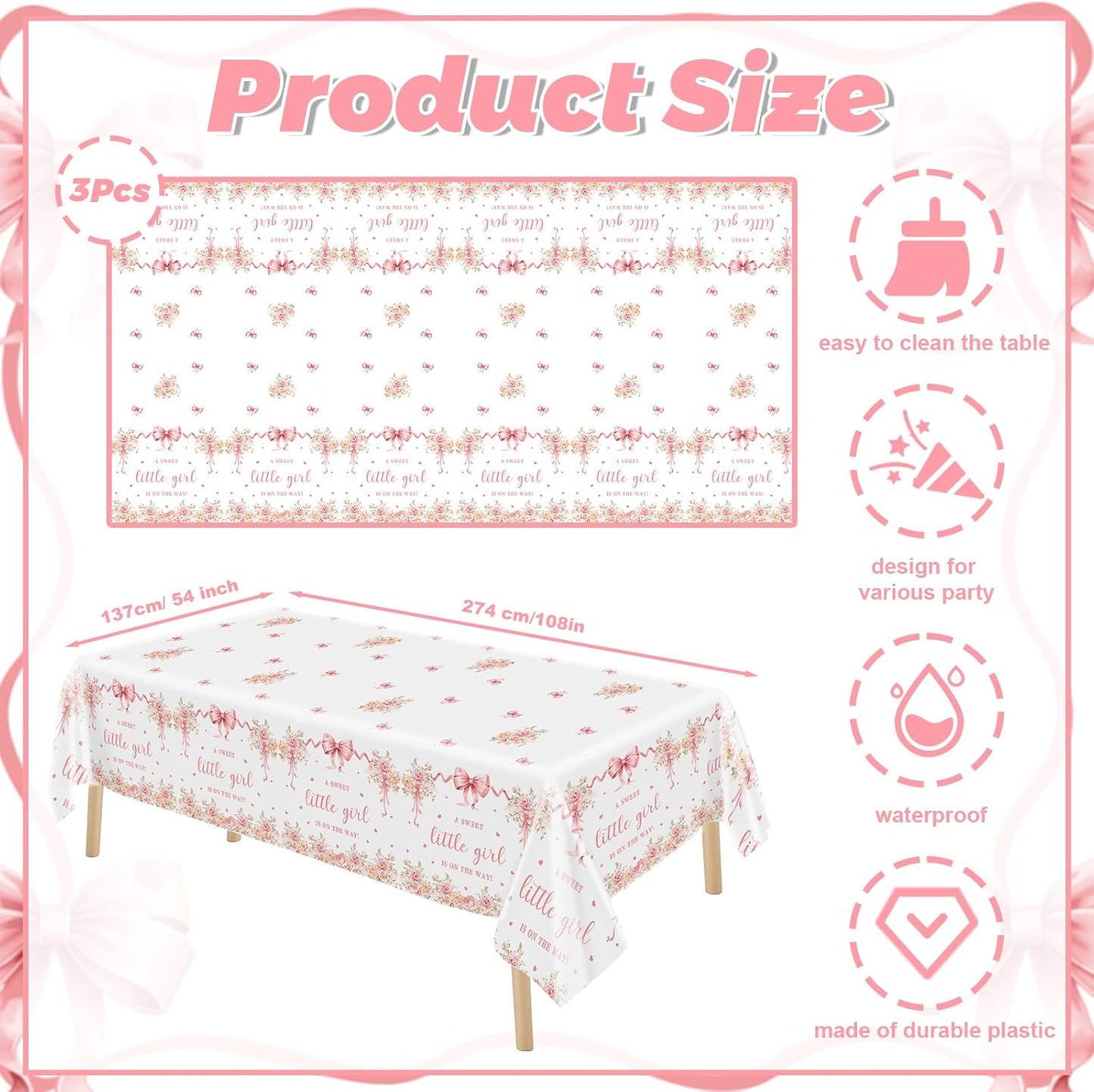 MEHOFOND 3 Pcs Pink Bow Baby Shower Table Cloth, Floral Coquette Sweet Girl Baby Shower Party Disposable Tablecloths Decorations, 108 x 54 Inch Plastic Table Cover Photo Booth Supplies