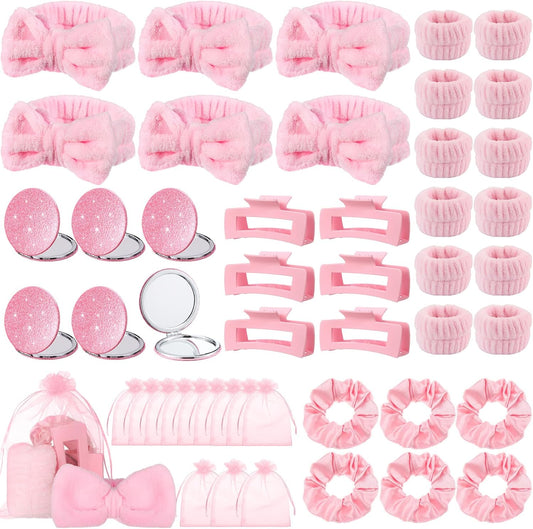 Fanfanwin 42 Pcs Pink Sleepover Party Supplies 6 Spa Headband 12 Pink Wristbands 6 Hair Clip 6 Hair Scrunchies 6 Mirror 6 Organza Bags for Spa Party Favors Birthday Slumber Bridal Showers Gifts