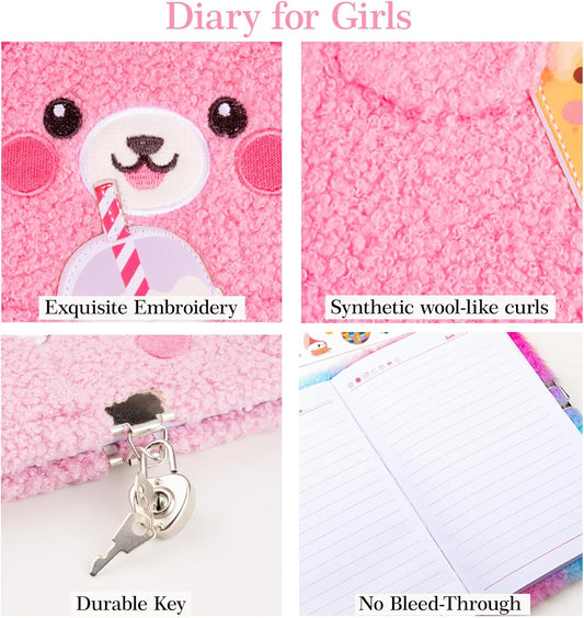Diary for Girls with Lock and Keys, Journal School Travel Notebook Gift Set for Writing and Drawing,Multicolored Pen, Stickers, Birthday Gift for Girls (pink-Bear)