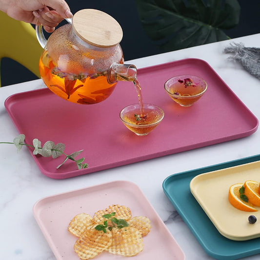 Colorful Serving Tray, Wheat Straw Serving Platter, Nordic Style Fruit Snack Tray, Rectangular Cupcake Tea Tray for Home, Kitchen, Office, Restaurant, Living Room, Coffee Shop(Pink S)