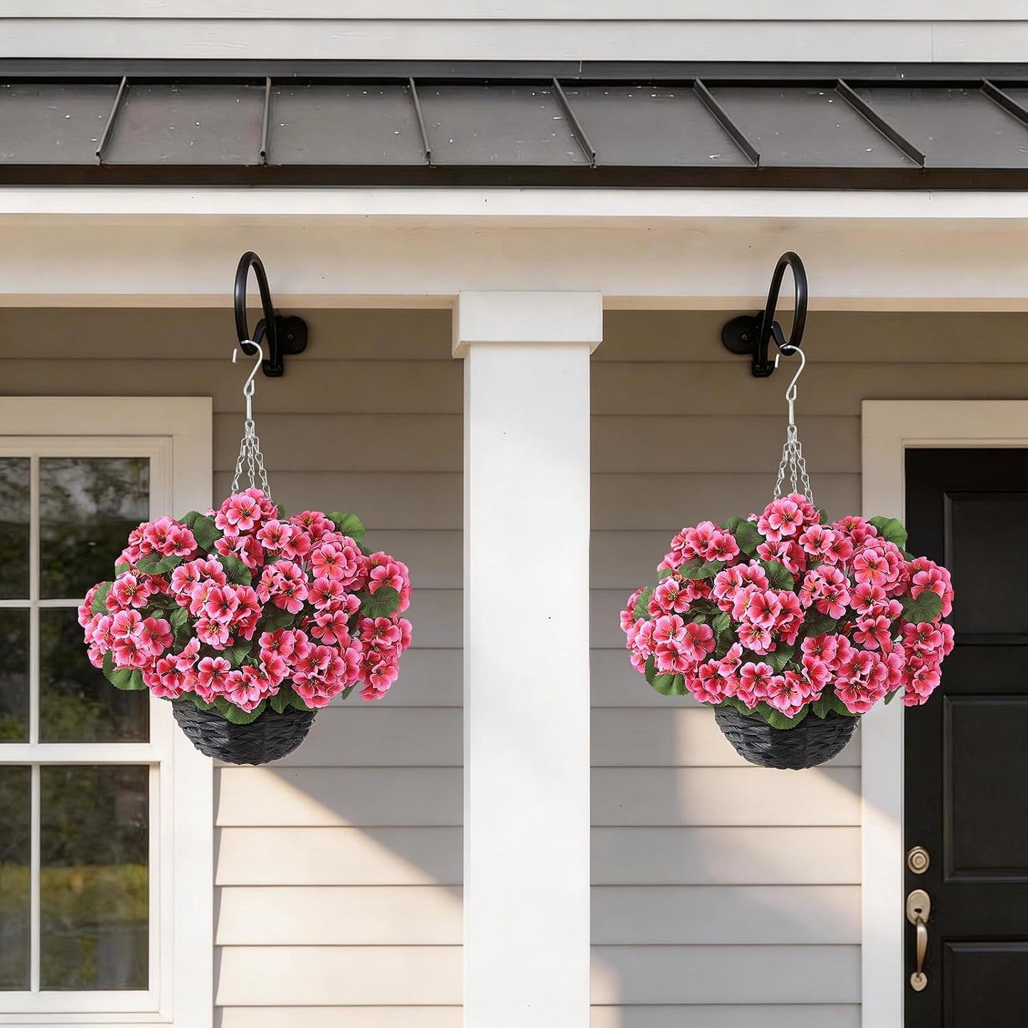 GLIDLION 2 Set Artificial Geraniums Flowers with Hanging Baskets for Outdoors - Sun Resistant Silk with Geranium Flowers, Fake Hanging Planters for Front Porch Garden Patio Home Decor (Peach Pink)