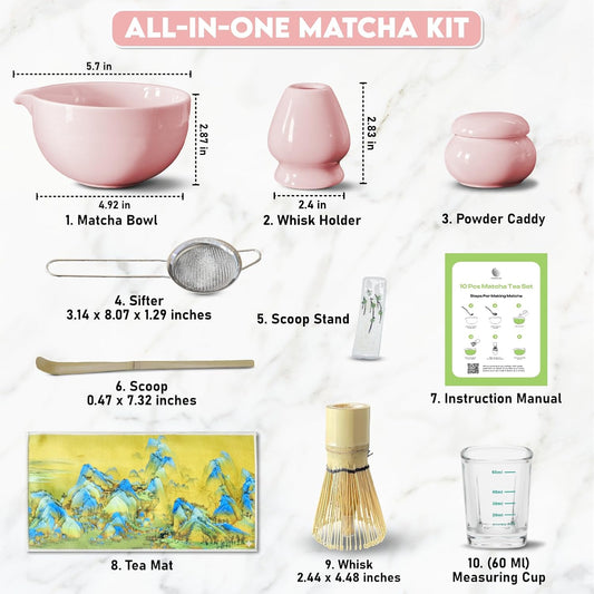 10-Piece Matcha Whisk Set | Complete Matcha Tea Kit with 17oz Ceramic Bowl, Bamboo Whisk & Scoop, Whisk Holder, Stainless Steel Sifter, Measuring Cup, Powder Caddy, Tea Towel | Gift-Ready Matcha Set