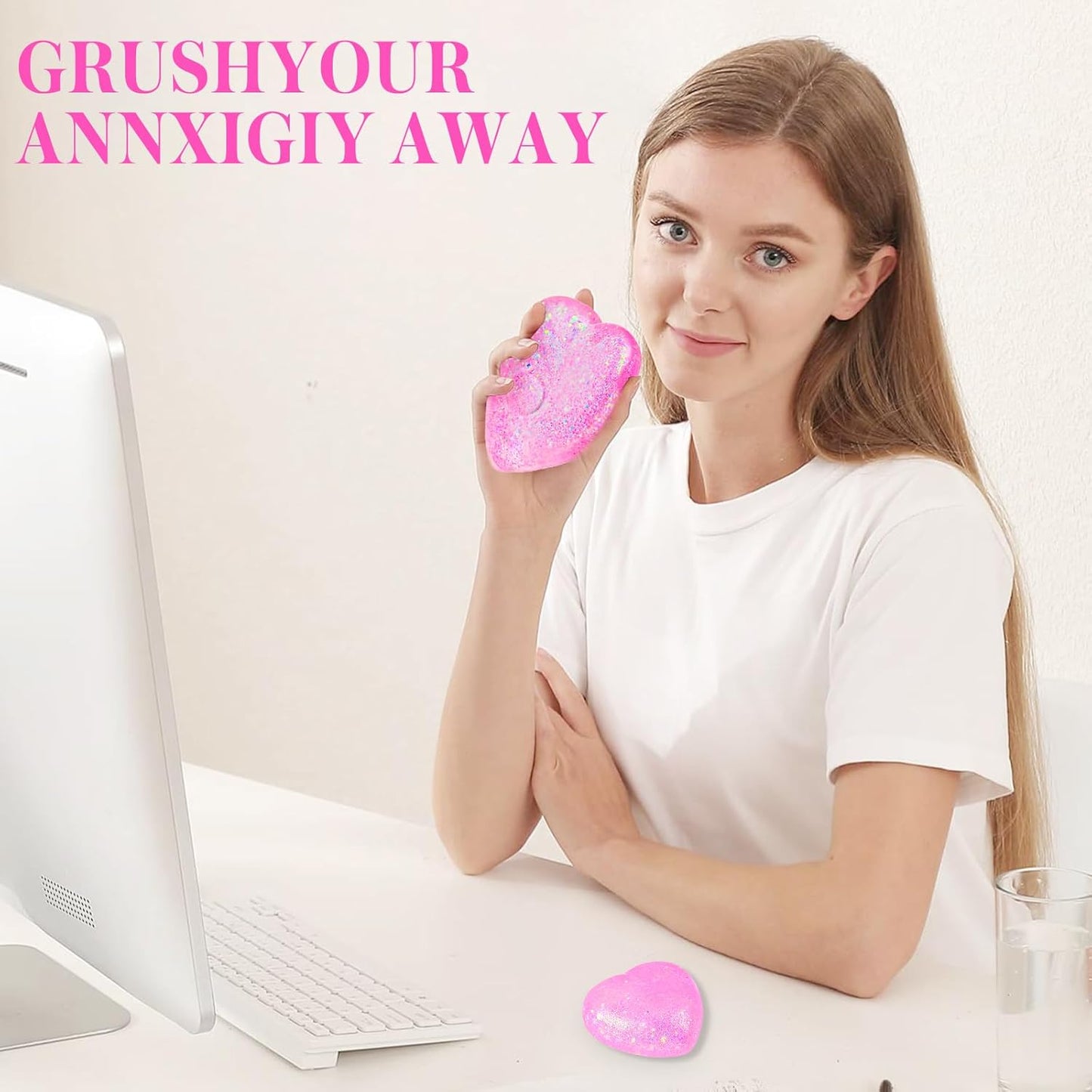 Heart Stress Balls (Pink) Squishy Toys for Adults Kids, Slow Rise Sugar Ball Sensory Fidget Toys, Love Shape Squishy Squeeze Toys, Malt Stretch Ball, Heart Shape Stress Toys for Hand Exercise