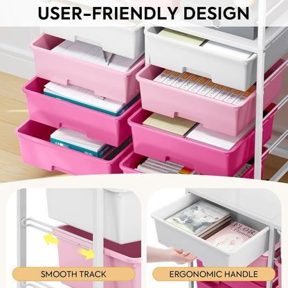 Rolling cart with 8 drawers,Storage drawer cart with wooden tabletop,Lockable wheels organizer for homeschool, arts & crafts, classroom, office & creative spaces (Pink)