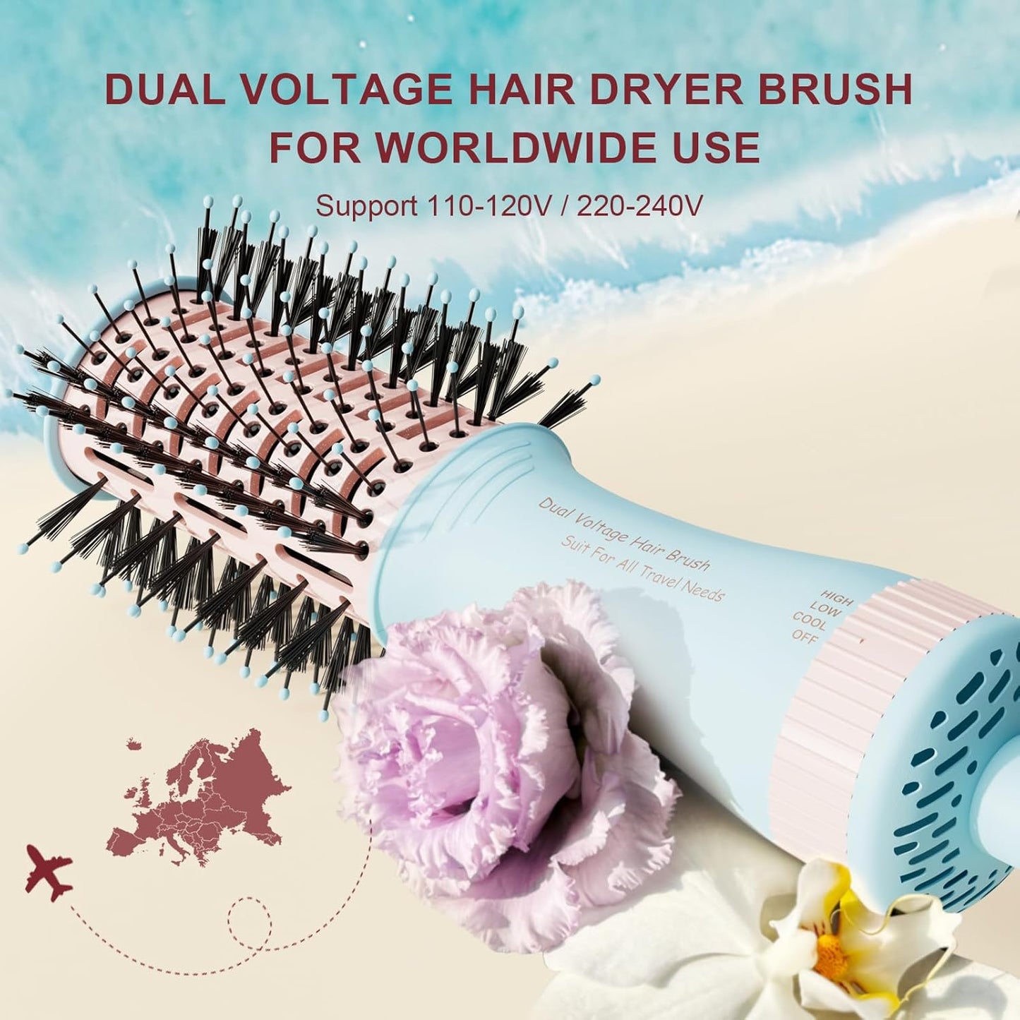 Travel Dual Voltage Hair Dryer Brush 4-in-1 Portable Mini Hot Air Blow Dryer Straightener & Curler Brush, Titanium Round Blowout Styler Volumizer Tools, 110/240V US/EU/UK -Baby Blue & Light Pink