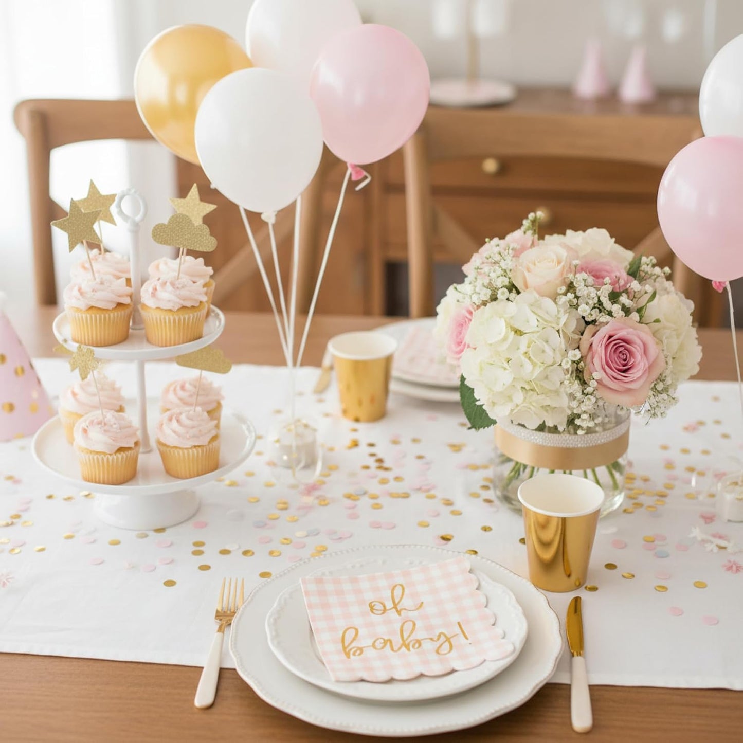 Cloverjoyed 'Oh Baby' Pink Baby Shower Decorations for Girls, Pink Plaid Oh Baby Napkins, Gingham Scalloped It's a Girl Decor, 1st Birthday, Welcome Home, Sprinkles, Pregnancy Announcement, 50 Pack