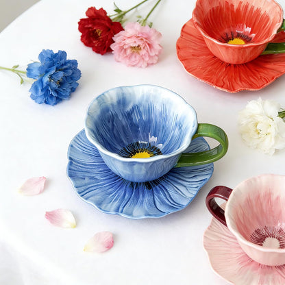 Ceramic Coffee Mug with Saucer Set, 10 Oz Flower Coffee Mug Tea Cup Set for Women, Floral Coffee Latte Mug, Porcelain Fancy Teaware for Birthday Wedding Mother's Day Gift Party (Pink)
