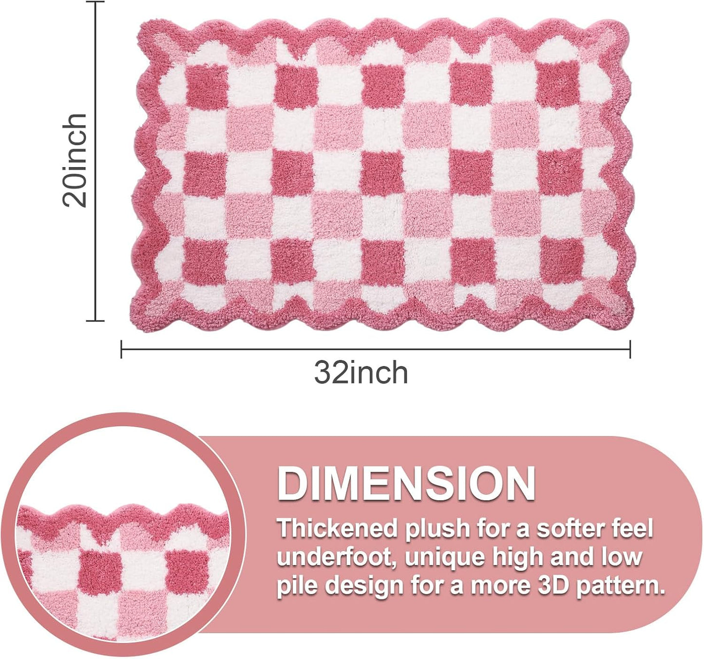 ORTIGIA Cute Pink Checkered Scalloped Bath Mat, Fun Plush Microfiber Bathroom Rugs Non Slip Washable Quick Dry Absorbent, Bath Rug Carpet for Shower Stall Vanities Kitchen Floor Entrance, 20x32