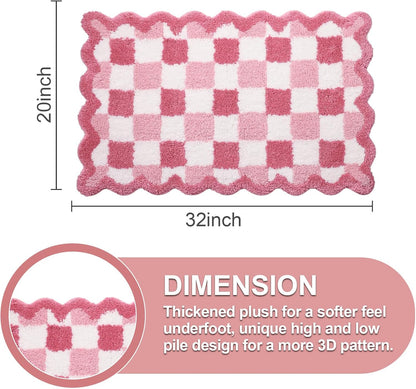 ORTIGIA Cute Pink Checkered Scalloped Bath Mat, Fun Plush Microfiber Bathroom Rugs Non Slip Washable Quick Dry Absorbent, Bath Rug Carpet for Shower Stall Vanities Kitchen Floor Entrance, 20x32