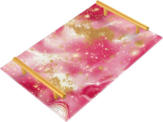 Golden Peach Waves Marble Decorative Beverage Tray with Handles Bed Serving Tray for Jewelry Perfume for Coffee Tables, Office