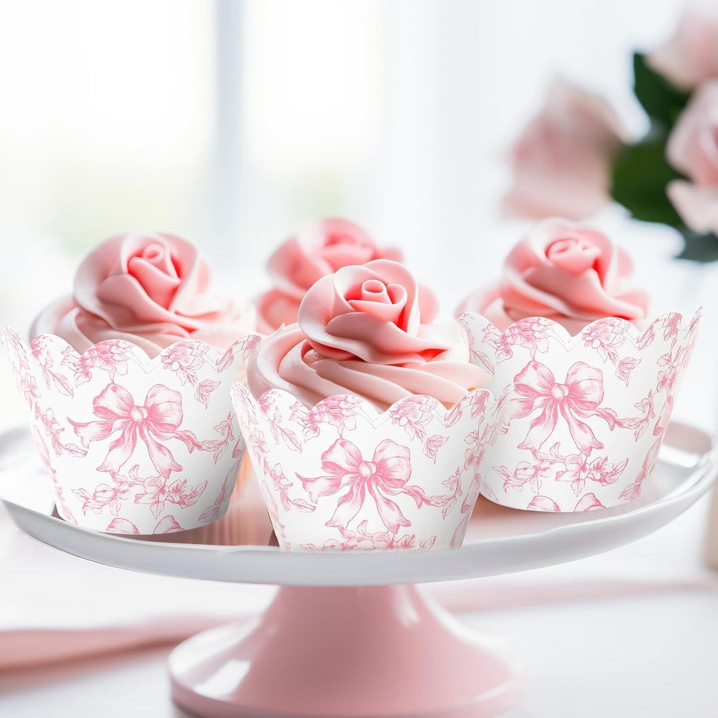 Whaline 48Pcs Pink Floral Bow Cupcake Wrappers Paper Cupcake Liners Chinoiserie Flower Bow Decorative Dessert Holders for Birthday Baby Shower Wedding Party Supplies