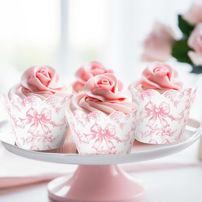 Whaline 48Pcs Pink Floral Bow Cupcake Wrappers Paper Cupcake Liners Chinoiserie Flower Bow Decorative Dessert Holders for Birthday Baby Shower Wedding Party Supplies
