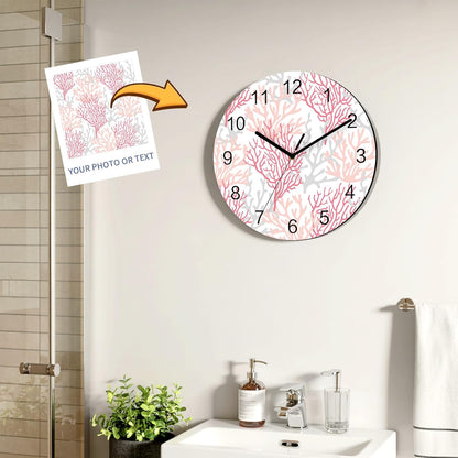 Summer Ocean Pink and Gray Coral Wall Clock Battery Operated Non-Ticking 12" Round Wood Clocks, Kitchen Wall Clock for School Bathroom Living Room Home Office Wall Decor