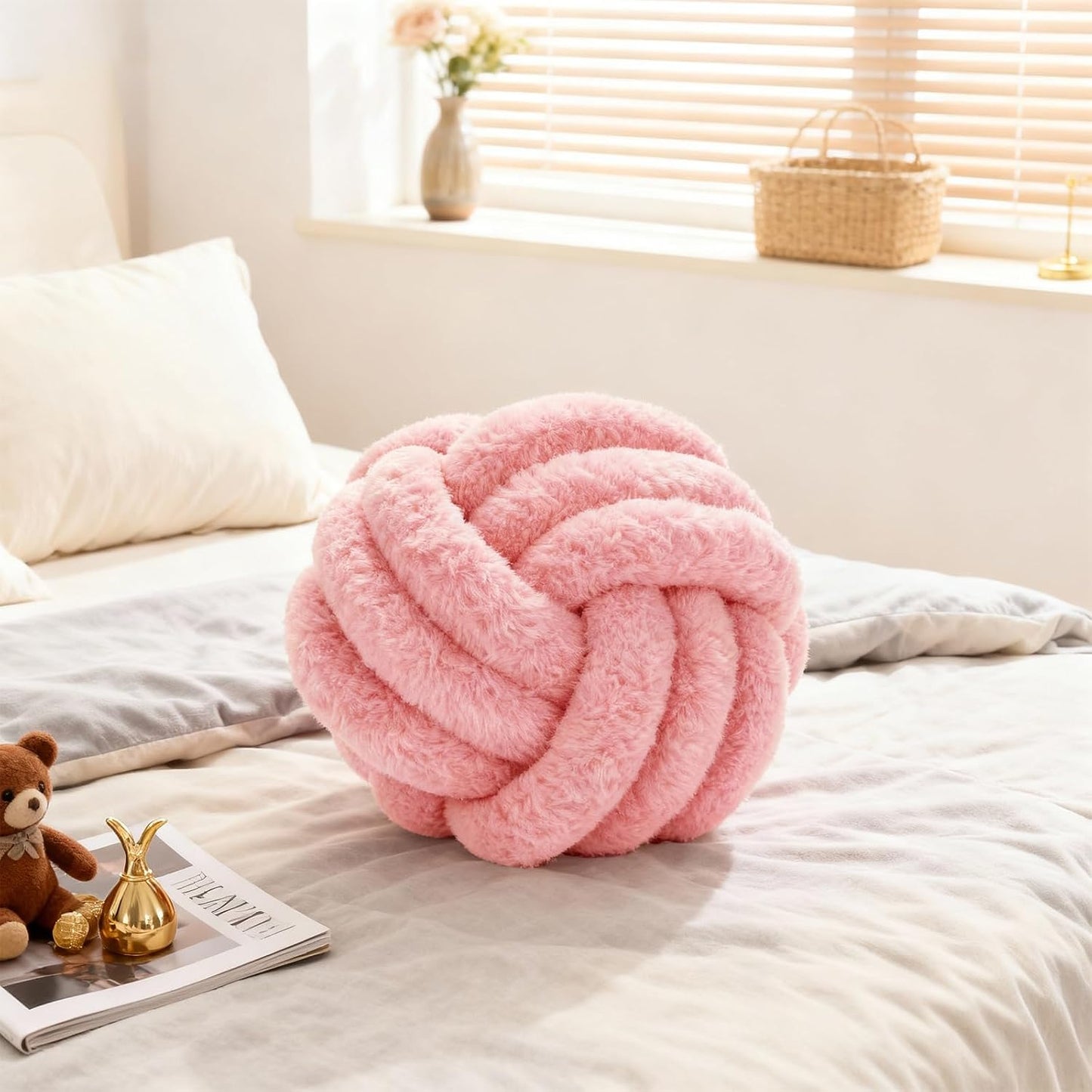 Throw Pillows - Knot Ball Pillow Throw Cushion Home Sofa Decoration Plush Knotted Handmade Round Pillows Pink 8 Inch