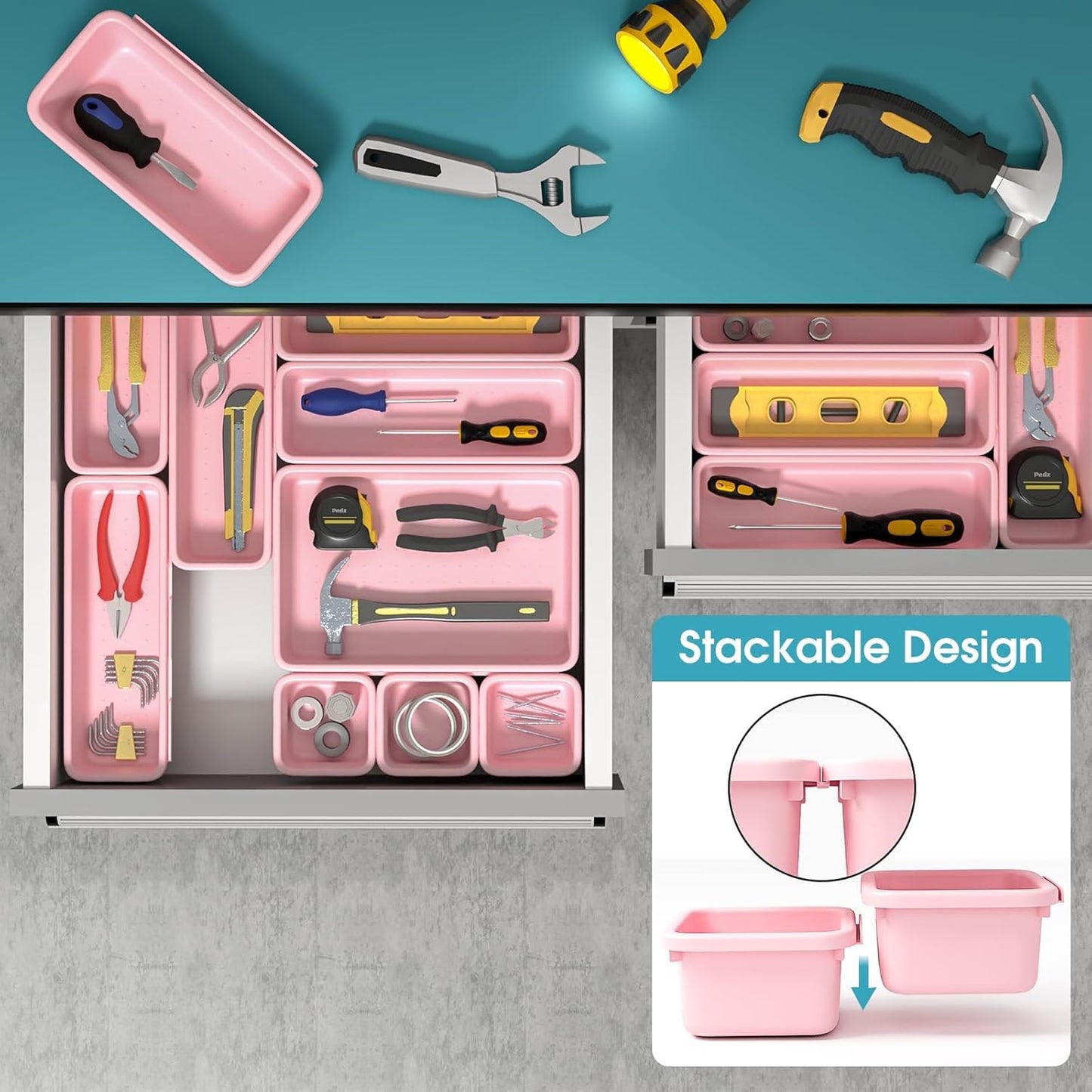 10 PCS Drawer Organizer Set, 4 Size Makeup Drawer Divider Organizer With Non-Slip Pads, Interlocking Plastic Storage Bins for Office,Jewelry Vanity,Gadgets, Bathroom,Kitchen, Pink