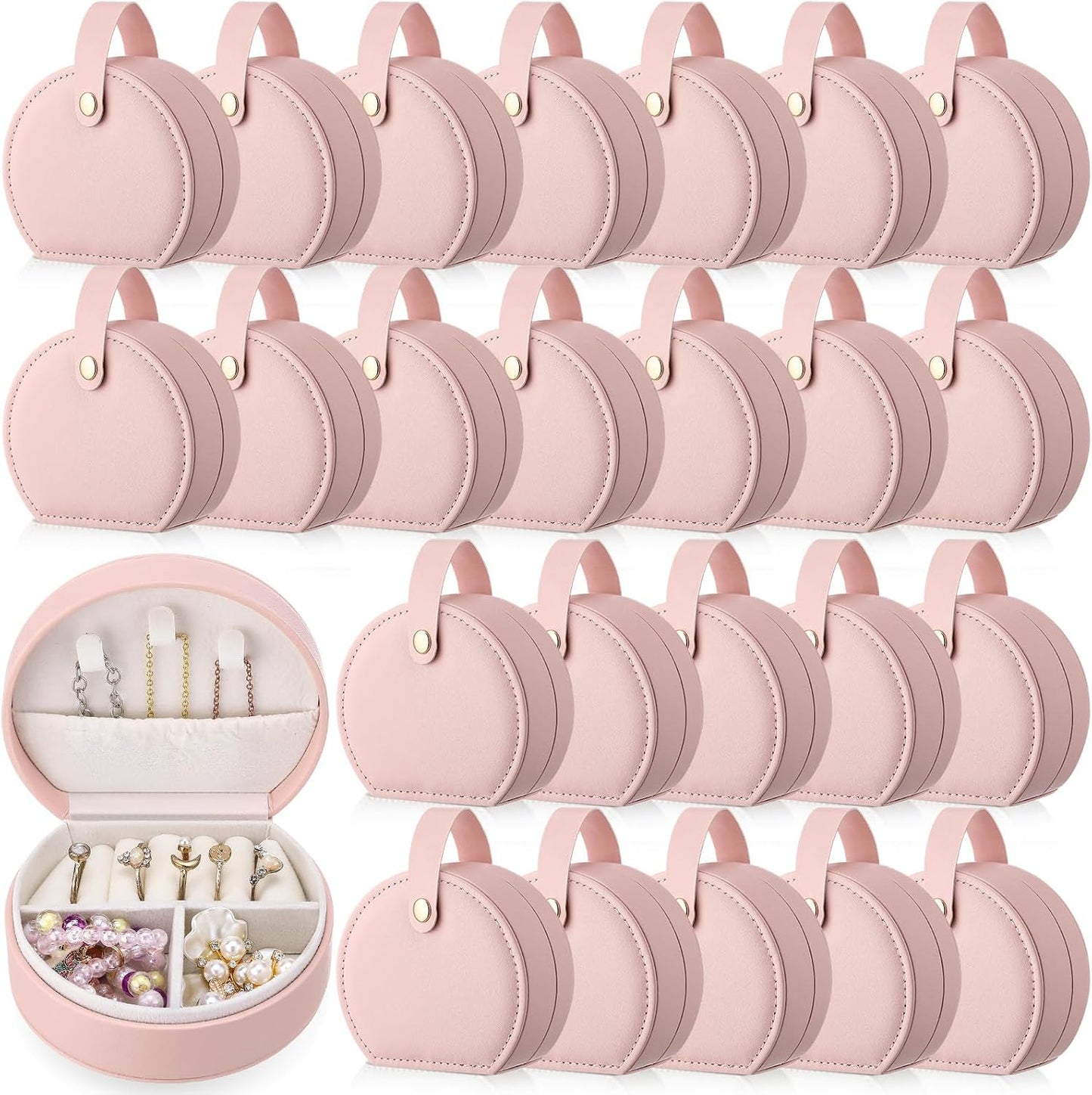 Weysat 24 Pack Mini Travel Jewelry Case Bridesmaid Gifts Box Bulk Small Leather Earring Organizer for Women Proposal Return Gift (Pink)