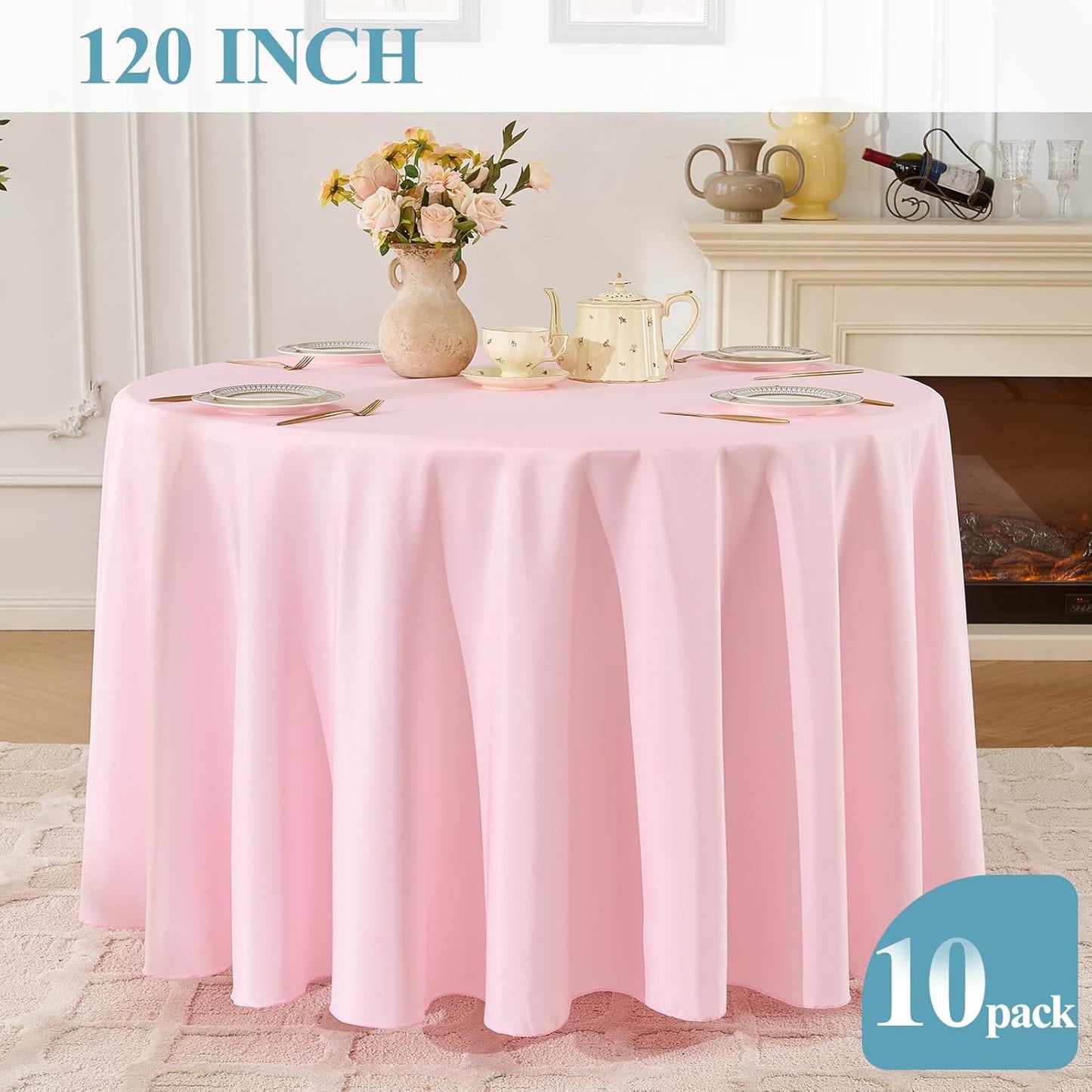 VidaFete Tablecloth 10 Pack 120inch Round Table Cloth Polyester, Stain Wrinkle Resistant Polyester Dining Table Cover for Kitchen Dinning Party Wedding Round Tabletop Buffet Decoration(Pink)