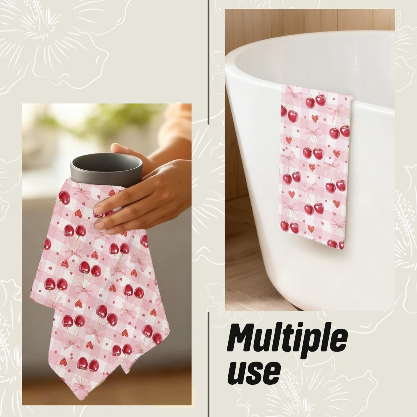 Pink Bow Cherry Checkered Kitchen Dish Towels, Cherry Gifts for Women, Preppy Girly Valentine's Day Plaid Decorative Hand Tea Towels for Kitchen Bathroom, 16x24 Inch