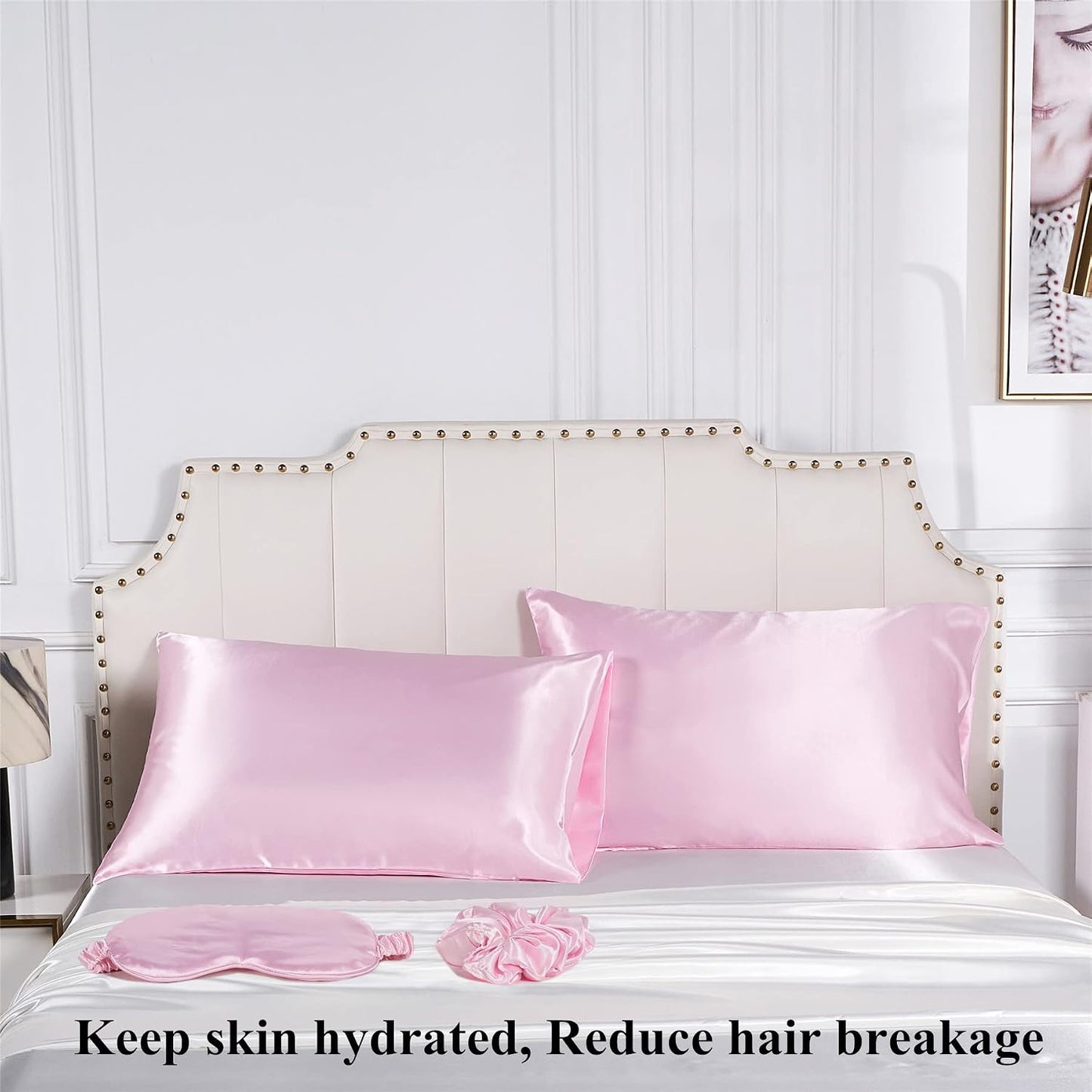 Satin Pillowcase for Hair and Skin, Vegan Silk Pillowcase Set-2 Pink Satin Pillowcases, 1 Eye Mask, 1 Scrunchie-Luxury Sleep Set, Silky Standard Satin Pillow Cases with Envelope Closure
