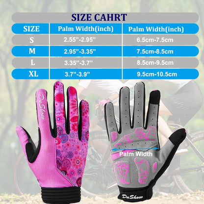DuShow Bike Gloves for Women Cycling,Pink Floral Workout Gloves Women,Full Finger Biking Driving Riding Gloves for Women,Gel Padded Touch Screen Gym Gloves