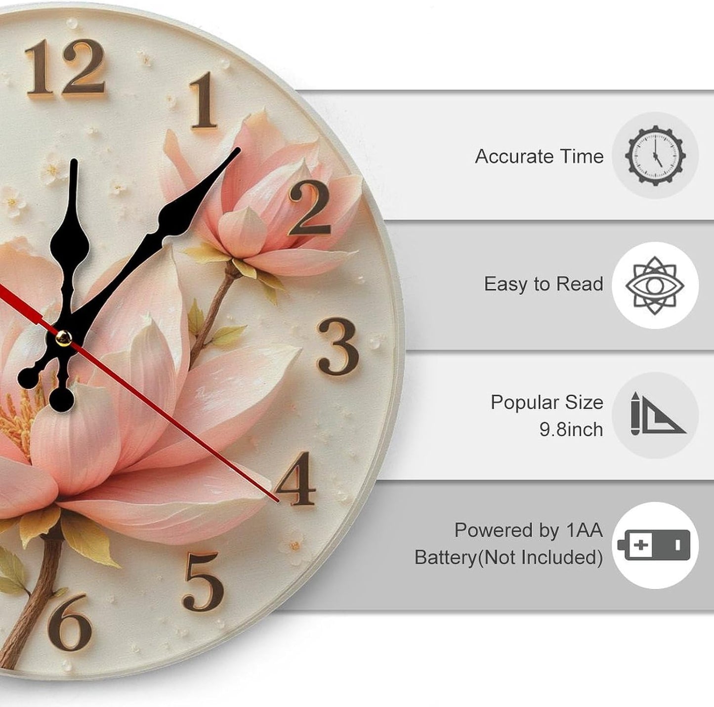 Pink Lotus Clock with Golden Numbers 2D 10 Inch Silent Wall Clock,Frameless Wooden Round Clock with Quartz Movement for Bathroom, Kitchen, Living Room, Bedroom