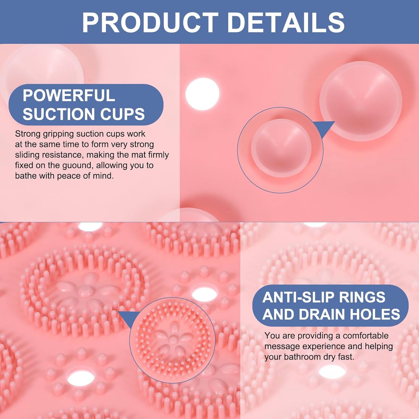 PATIKIL 11.81 x 11.81 Round Non-Slip Shower Mat, PET Bathtub Floor Mat with Suction Cups & Drain Holes for Shower Stall Bathroom Bathtub, Pink