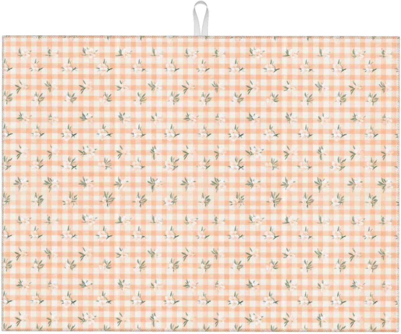 Tiny White Blossoms On Peach Cream Checkered Dish Drying Mat For Kitchen Counter, Drain Rack Mat Microfiber Quick Dry Dish Pad