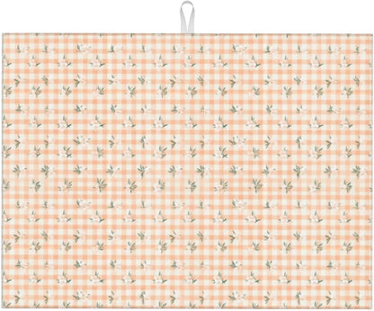 Tiny White Blossoms On Peach Cream Checkered Dish Drying Mat For Kitchen Counter, Drain Rack Mat Microfiber Quick Dry Dish Pad