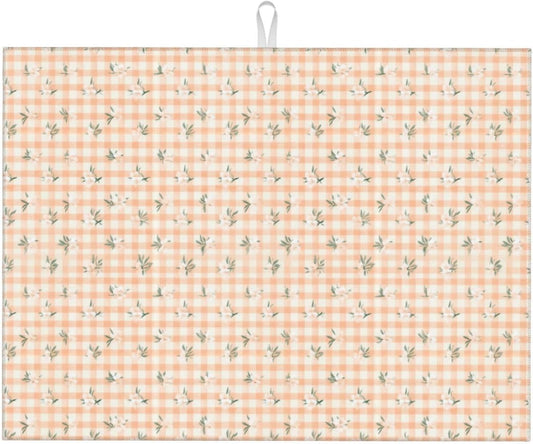 Tiny White Blossoms On Peach Cream Checkered Dish Drying Mat For Kitchen Counter, Drain Rack Mat Microfiber Quick Dry Dish Pad