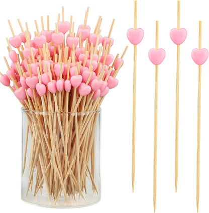 200PCS Pink Heart Cocktail Picks 4.7" Long Heart Shaped Bamboo Toothpicks for Appetizers Fruit Valentines Natural Bamboo Food Stick Skewer for Valentines Day Birthday Wedding Decoration Party Supplies