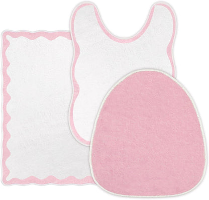 Drydiet 3 Pcs Pink Scalloped Bathroom Rug Set Cute Pink Bathroom Mat U-Shaped Mat Toilet Seat Cover, Non Slip Absorbent Microfiber Bath Rugs Aesthetic Preppy Room Decor for Girls, Dorm Guest Bath