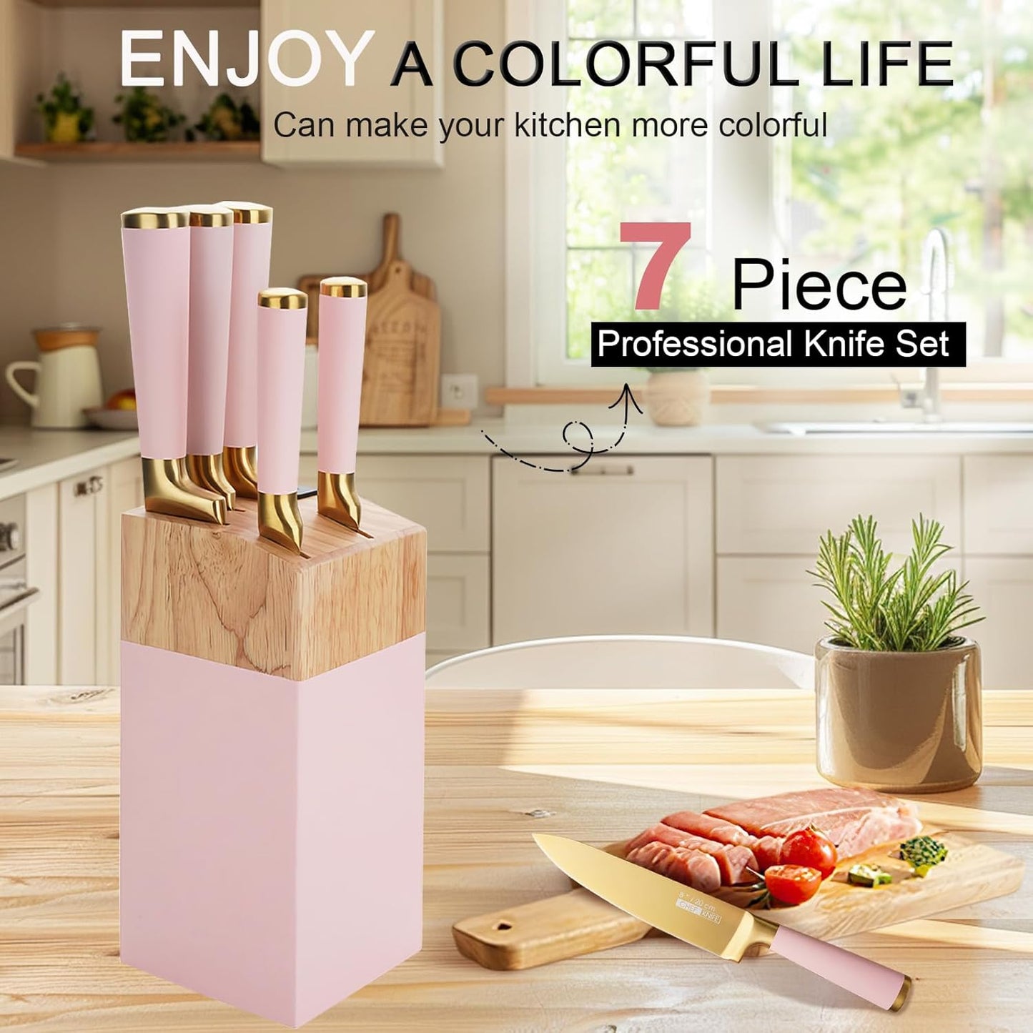 Kitchen Knife Set with Block and Sharpener, 7-Piece Knife Set for Chef, Pink Knife Holder Set, Gold-Plated Stainless Steel Kitchen Knife, Ergonomically Designed (Pink)