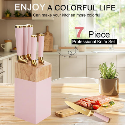 Kitchen Knife Set with Block and Sharpener, 7-Piece Knife Set for Chef, Pink Knife Holder Set, Gold-Plated Stainless Steel Kitchen Knife, Ergonomically Designed (Pink)