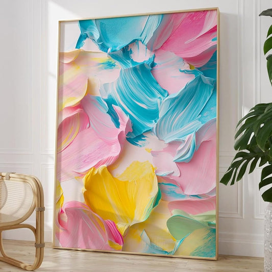 Colorful Abstract Canvas Wall Art Pink Blue Abstract Painting Colorful Textured Picture Bright Color Artwork Modern Pink and Blue Pastel Wall Art Color Block Art Print for Wall 16x24inch No Frame