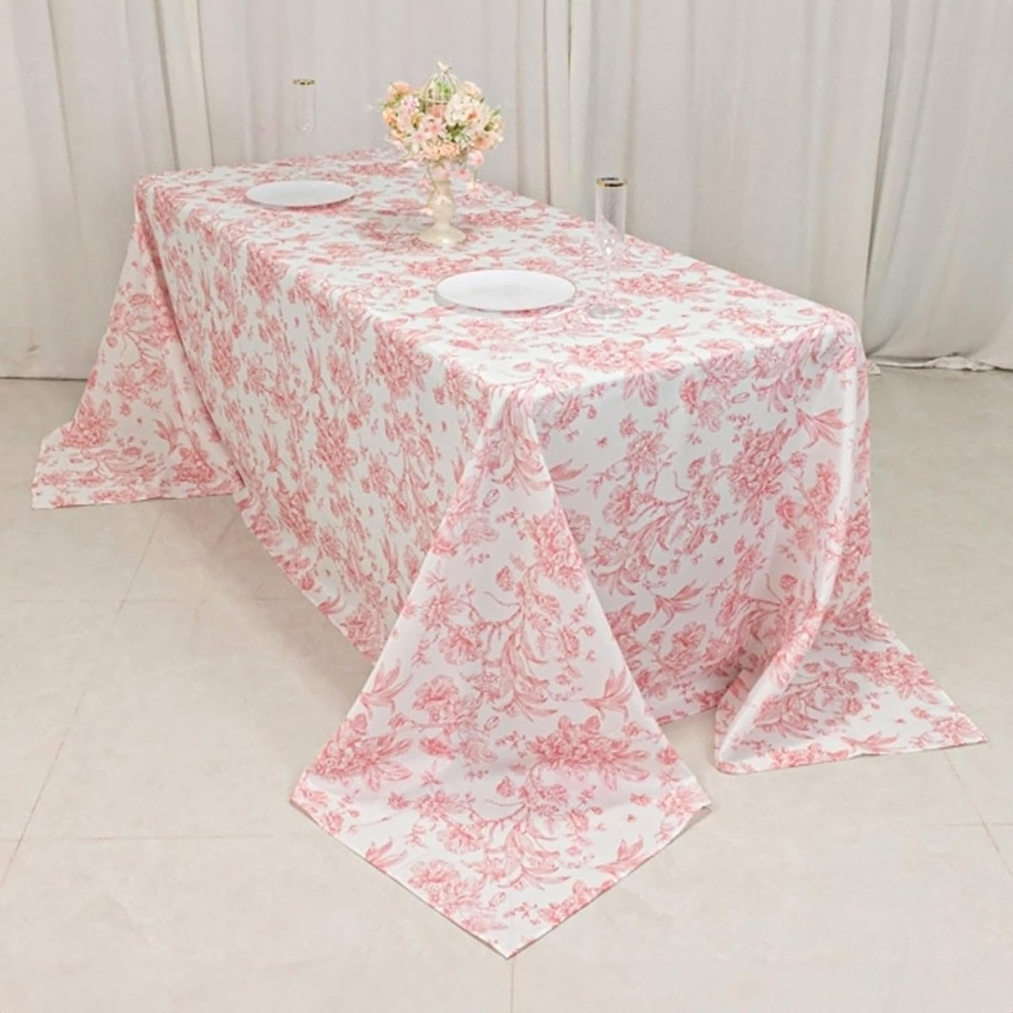 Efavormart Polyester Rectangular Tablecloth 90"x132" White with Pink French Toile Pattern - Sophisticated Table Cover for Chic Weddings & Events