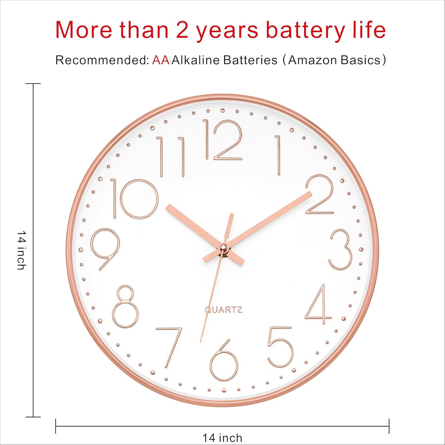 Foxtop 14 Inch Large Wall Clock Silent Non-Ticking Battery Operated Round Quartz Modern Wall Clock Decorative for Living Room Bedroom Kitchen Home Office (Rose Gold)