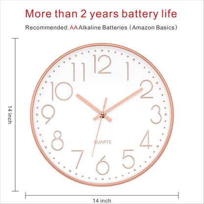 Foxtop 14 Inch Large Wall Clock Silent Non-Ticking Battery Operated Round Quartz Modern Wall Clock Decorative for Living Room Bedroom Kitchen Home Office (Rose Gold)