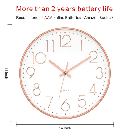 Foxtop 14 Inch Large Wall Clock Silent Non-Ticking Battery Operated Round Quartz Modern Wall Clock Decorative for Living Room Bedroom Kitchen Home Office (Rose Gold)
