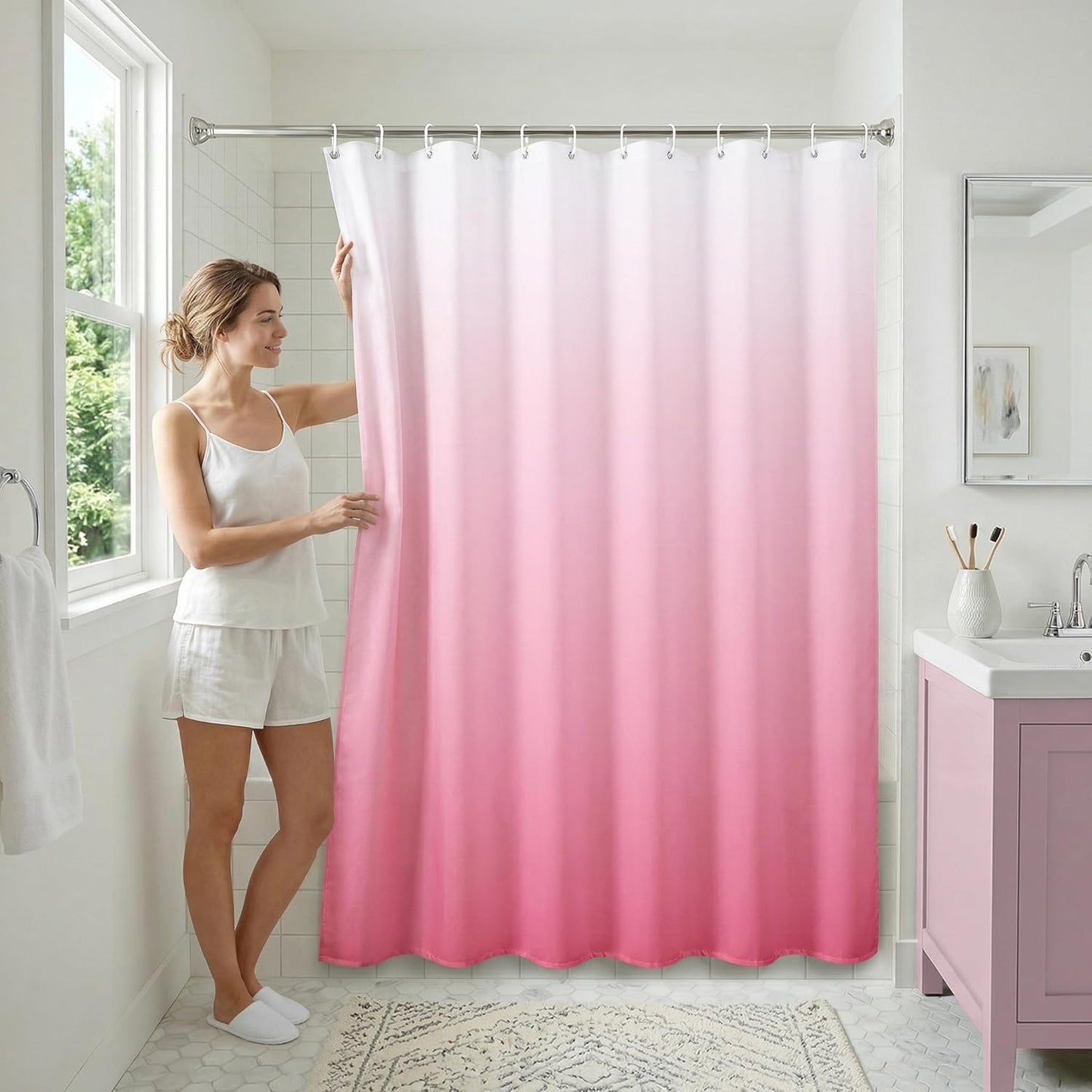Americanflat 71x74 Pink Ombre Shower Curtain - Water-Resistant Long Shower Curtain with Durable Metal Grommets and 12 Hooks - 100% Polyester