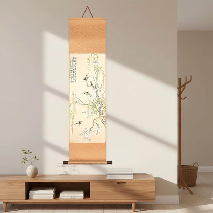 HannaFires Chinese Classical Hanging Scroll Painting – 45 Inches, Qing Dynasty Peach Blossom and Willow with Swallows, Oriental Ink Art Wall Decor, Silk Brocade Mounted Scroll for Home, Gift Banner