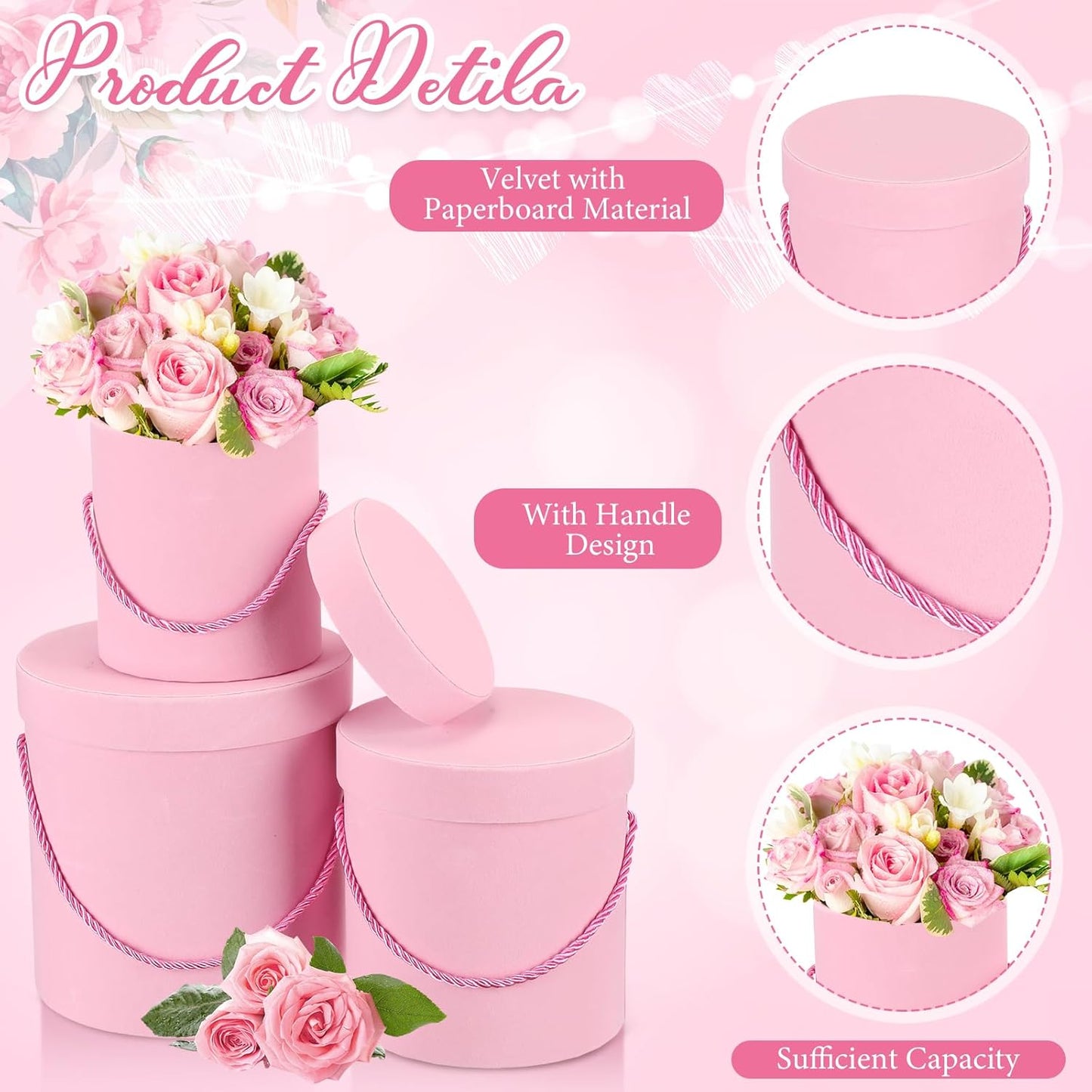 Uiifan 6 Pcs Velvet Round Flower Box with Lids Velvet Nesting Gifts Box with Handle for Mother's Day Wedding Holiday Luxury Flower Gift Arrangement Bridesmaid Birthday Party Favor(Pink)