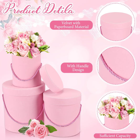 Uiifan 6 Pcs Velvet Round Flower Box with Lids Velvet Nesting Gifts Box with Handle for Mother's Day Wedding Holiday Luxury Flower Gift Arrangement Bridesmaid Birthday Party Favor(Pink)