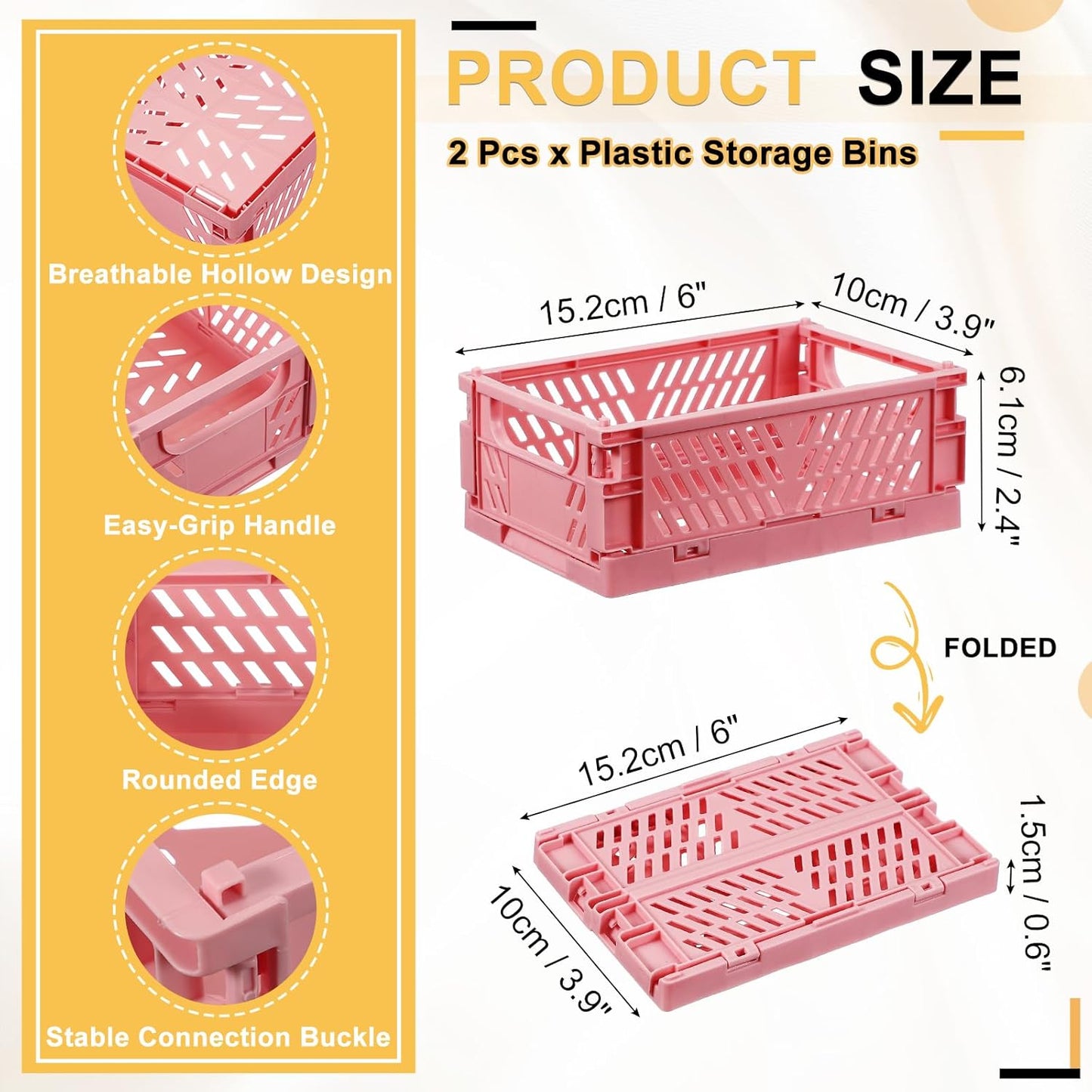 uxcell 2Pcs Small Plastic Storage Baskets, 6 x 3.9 x 2.4 Stackable Foldable Storage Bins with Handles Collapsible Crates for Home Office Shelves Closet Books Organizing, Pink