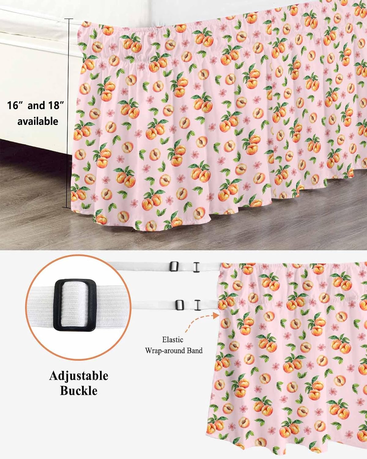 Bed Skirt Pink Peaches Bedskirt 16 Inch Drop Flowers Summer Fruit Adjustable Elastic Wrap Around Bed Skirts Dust Ruffle for Queen Size Bed Frame Cover