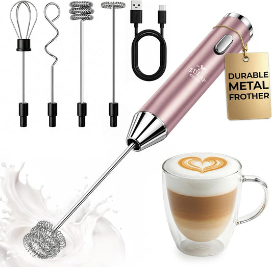 Zulay Kitchen Rechargeable Milk Frother Handheld - Frother Wand, Drink Mixer, Electric Whisk Frother, for Cappuccinos, Matcha & Protein Powder - Ultra Metal 3 Whisk, 1800mAh Pink