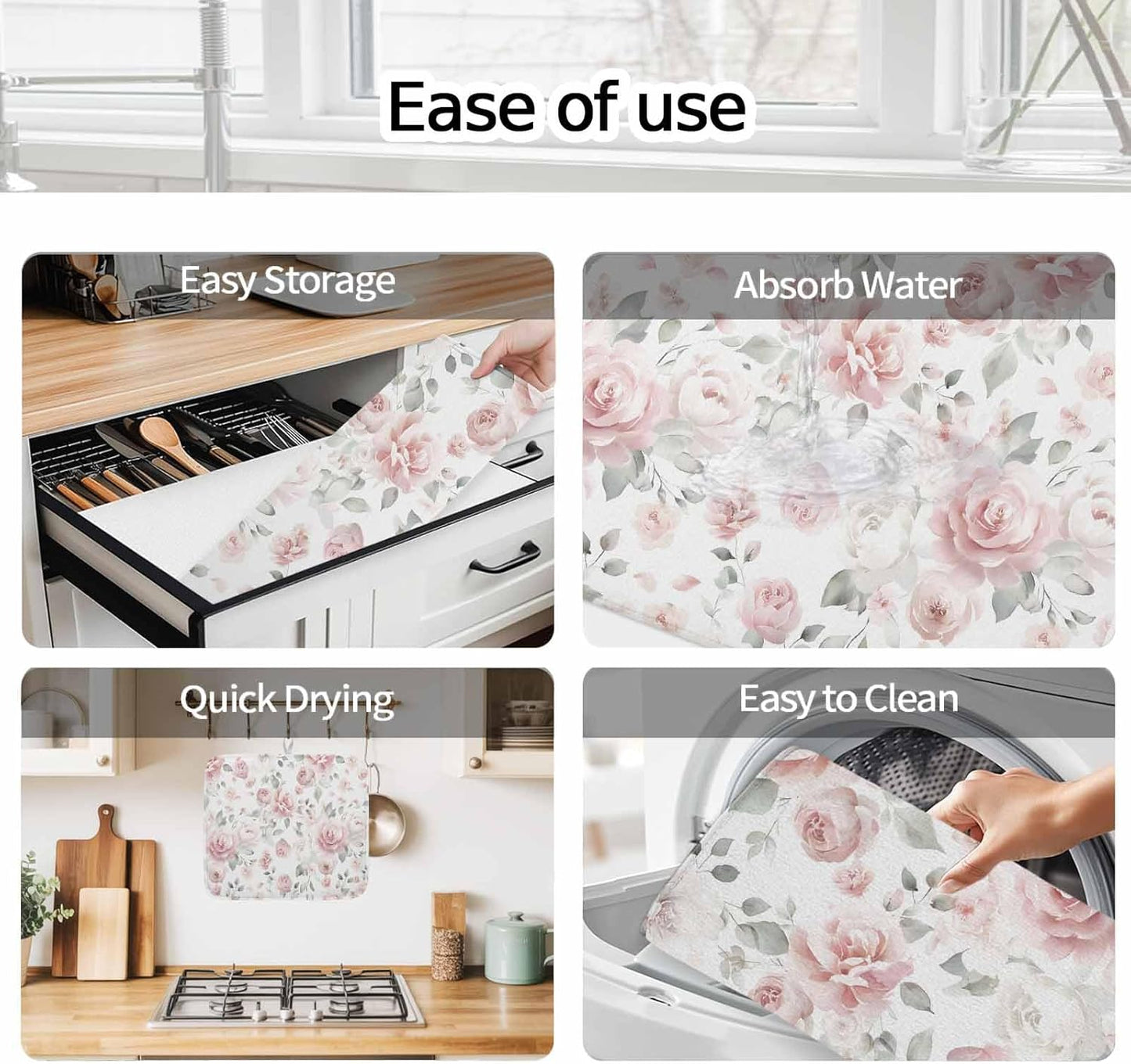 Light Pink Flowers Dish Drying Mat 1 Pack, Gray Leaf Spring Floral Farm Plant Absorbent Heat Insulating Kitchen Drying Pad Drainer Mats for Sink Counter Dishes 16 X 18 Inch