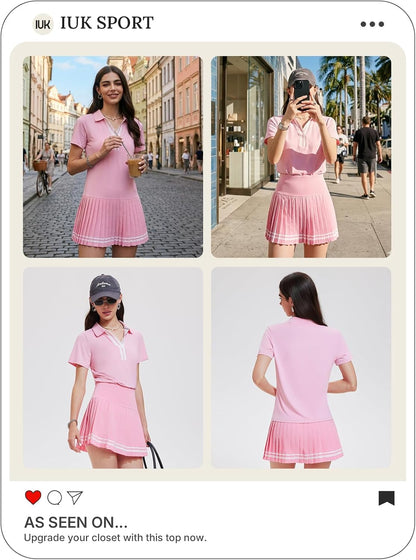 Women 2 Piece Tennis Skirt Set Pleated Golf Outfit, Polo V-Neck Athletic Dress Alternative Skort Set for Pickleball Pockets