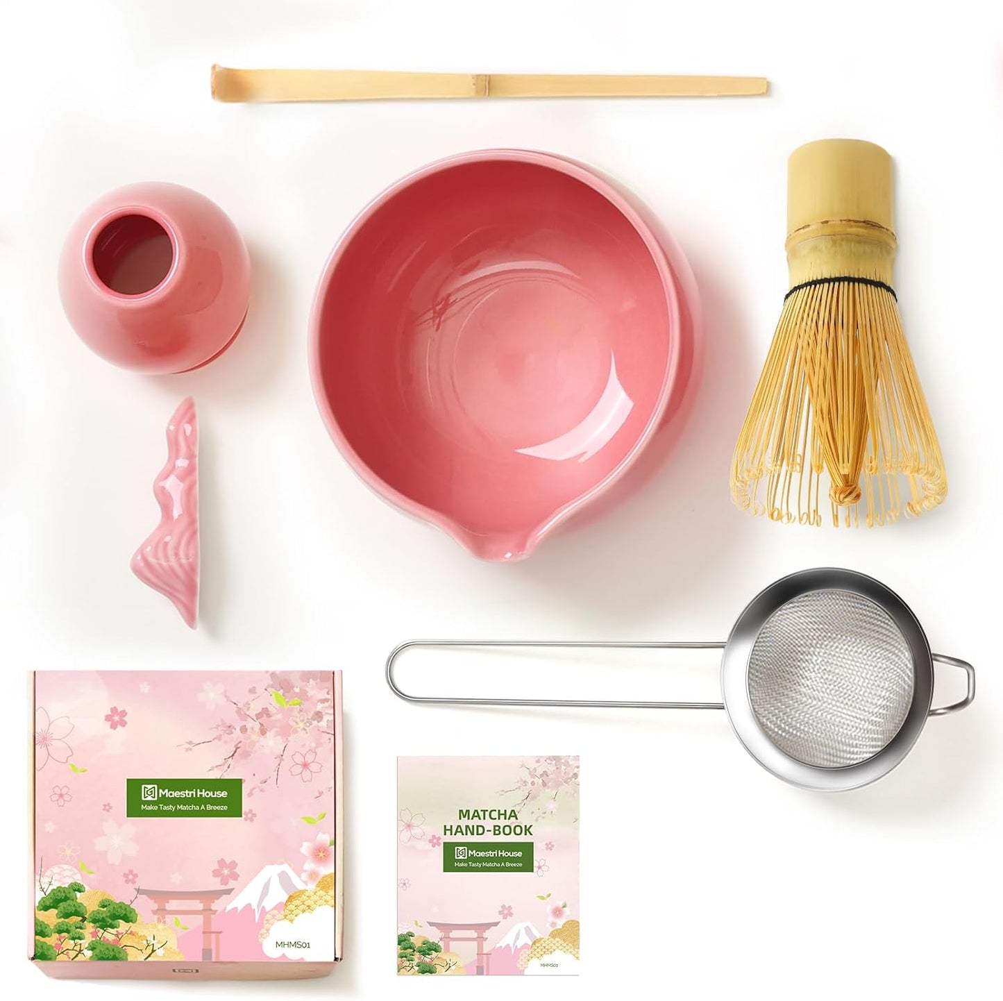 Maestri House Pink Matcha Whisk Set, 7-Pc Complete Matcha Kit with Spouted Ceramic Bowl, Bamboo Whisk and Holder, Scoop, Spoon Rest & Sifter, Tea Cloth – Ideal Gift for Matcha Lovers (Pink)