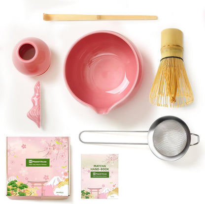 Maestri House Pink Matcha Whisk Set, 7-Pc Complete Matcha Kit with Spouted Ceramic Bowl, Bamboo Whisk and Holder, Scoop, Spoon Rest & Sifter, Tea Cloth – Ideal Gift for Matcha Lovers (Pink)